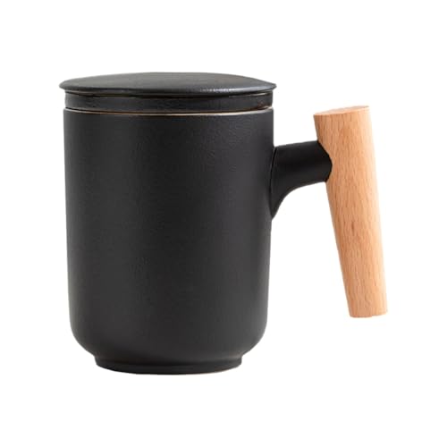 INOOMP Keramik Teetasse mit Holzgriff Teefilterbecher mit Praktischem Sieb Auslaufsicherer Büro teebecher für Herren Tee wasser trennung für Kaffee Saft und Milch von INOOMP