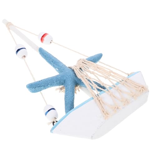 INOOMP Mediterranes Segelboot Modell Holz Miniatur mit Perlen und Seestern Nautische Tischdekoration für Büro und Wohnzimmer Handgefertigtes Kunstobjekt Vielseitiges Desktop-dekoelement von INOOMP