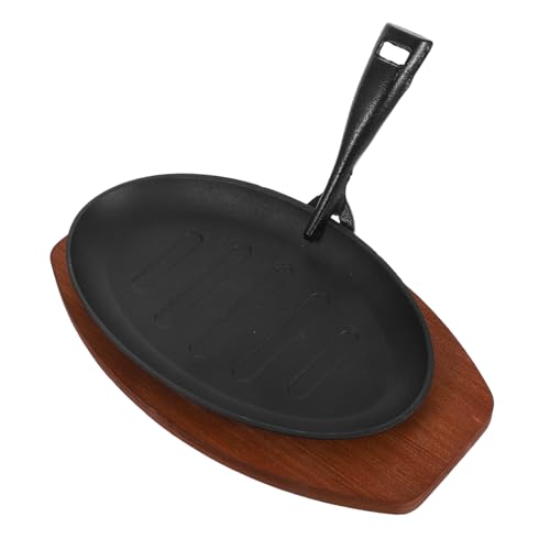 INOOMP Mini Gusseisen Grillplatte mit Holzunterlage Hitzebeständig Gestreiftes Design für Steaks und Fajitas Vielseitig Einsetzbar für Ofen Herd und Grill Einfache Reinigung von INOOMP