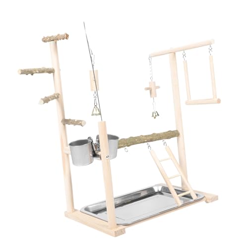 INOOMP Vogelspielplatz aus Natürlichem Holz mit Futterbecher Papageien Spielständer und Kletterleiter Interaktiver Vogel Freisitz für Wellensittiche Nymphensittiche und Papageien Robustes von INOOMP
