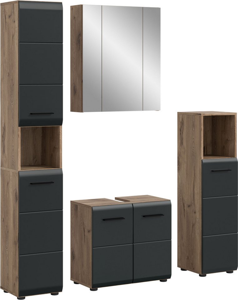 INOSIGN Badezimmer-Set, (Set, 4-St), Florenz, Badkombination 4-tlg. Nox Oak/Schwarz matt, Hochschrank von INOSIGN