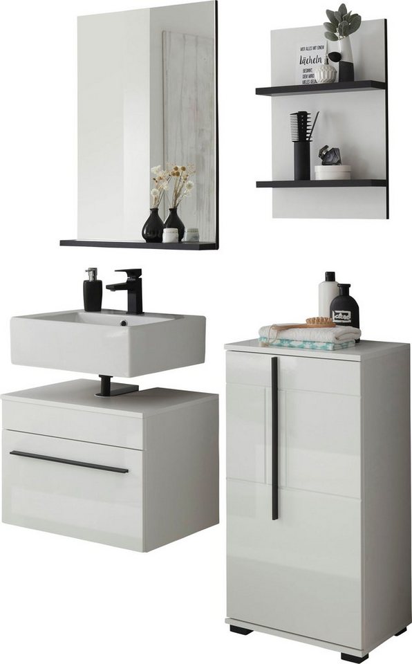 INOSIGN Badmöbel-Set Cantara, Bad im modernen Design, 4-teiliges Badezimmer, (Set, 4-St), Unterschrank, Schrank, Hängeregal und Spiegel, in Weiß Hochglanz von INOSIGN