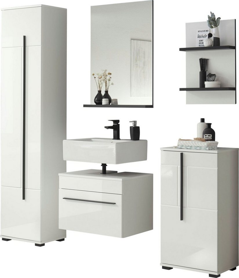 INOSIGN Badmöbel-Set Cantara, Bad im modernen Design, 5-teiliges Badezimmer, (Set, 5-St), Unterschrank, Schränke, Hängeregal und Spiegel, in Weiß Hochglanz von INOSIGN