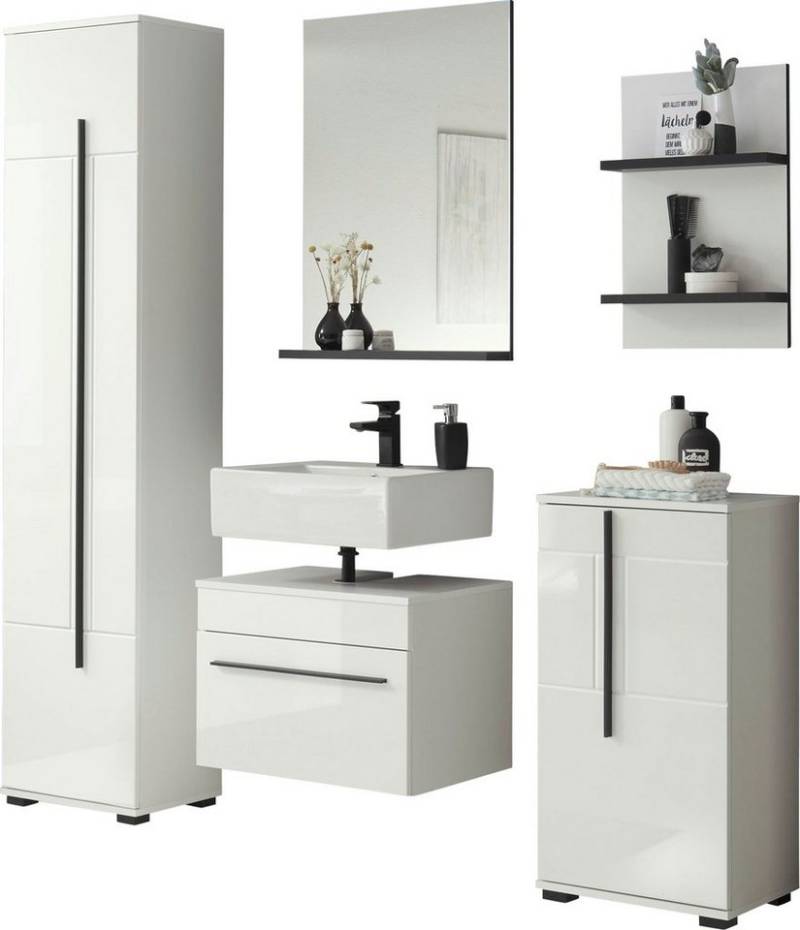 INOSIGN Badmöbel-Set Cantara, Bad im modernen Design, 5-teiliges Badezimmer, (Set, 5-St), Unterschrank, Schränke, Hängeregal und Spiegel, in Weiß Hochglanz von INOSIGN