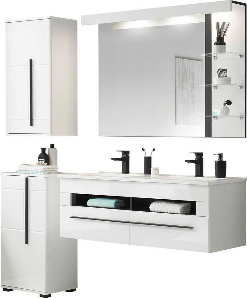 INOSIGN Badmöbel-Set Cantara, Bad im modernen Design, 4-teiliges Badezimmer, (Set, 4-St), Waschtisch, Schrank, Hängeschrank und Spiegel, in Weiß Hochglanz von INOSIGN