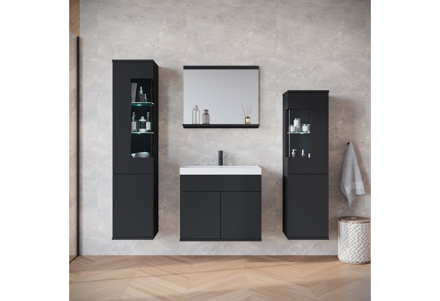 INOSIGN Badmöbel-Set Kenia, (Set, 5-St), Modernes Badmöbel-Set mit viel Stauraum und Glaseinsatz von INOSIGN