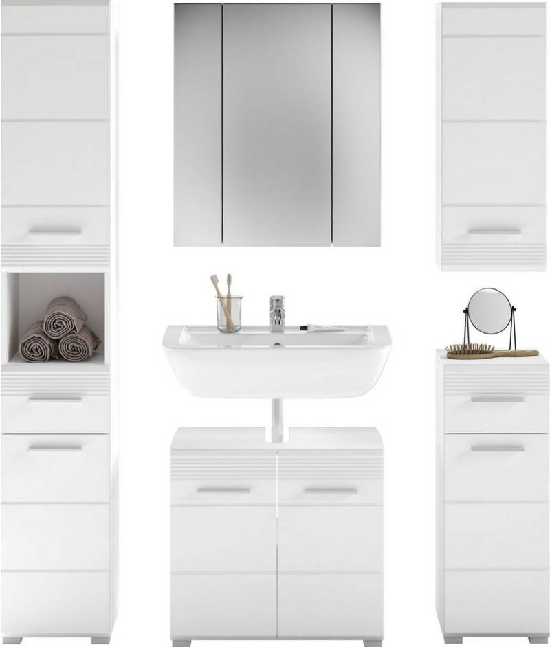 INOSIGN Badmöbel-Set Malmö, 5 teilig, inklusive LED Beleuchtung, bestehend aus:, (Set, 5-St), Hochschrank, WBU, Spiegelschrank, Unterschrank, Hängeschrank von INOSIGN