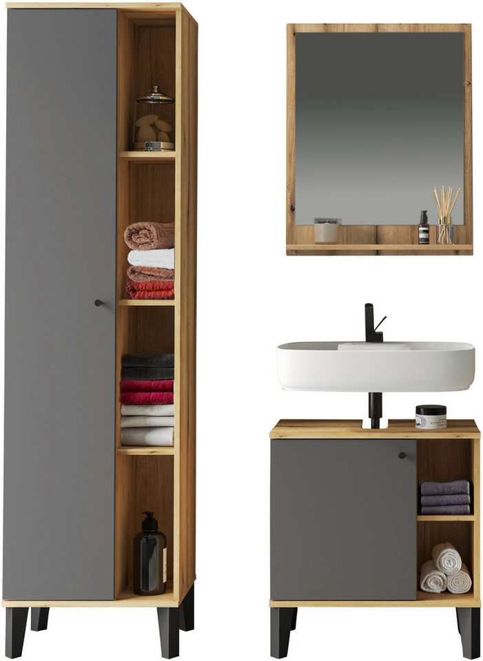 INOSIGN Badmöbel-Set OSLO, Bad im skandinavischen Design, (Set, 3-St), Badschränke und Spiegel, in zwei Farben verfügbar, viel Stauraum von INOSIGN