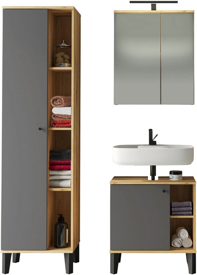 INOSIGN Badmöbel-Set OSLO, Bad im skandinavischen Design, 5-teiliges Badezimmer, (Set, 3-St), Badschränke und Spiegel, in zwei Farben verfügbar, viel Stauraum von INOSIGN