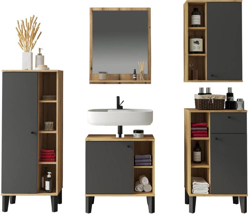 INOSIGN Badmöbel-Set OSLO, Bad im skandinavischen Design, 5-teiliges Badezimmer, (Set, 5-St), Badschränke und Spiegel, in zwei Farben verfügbar, viel Stauraum von INOSIGN