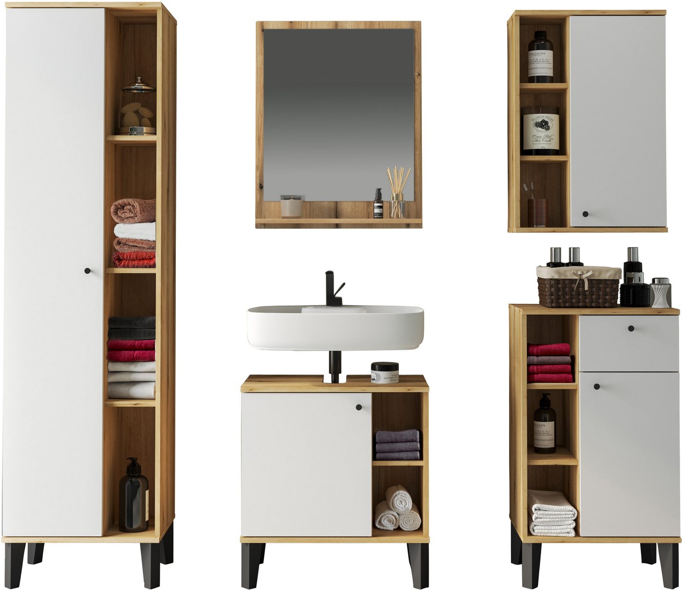 INOSIGN Badmöbel-Set OSLO, Bad im skandinavischen Design, 5-teiliges Badezimmer, (Set, 5-St), Badschränke und Spiegel, in zwei Farben verfügbar, viel Stauraum von INOSIGN