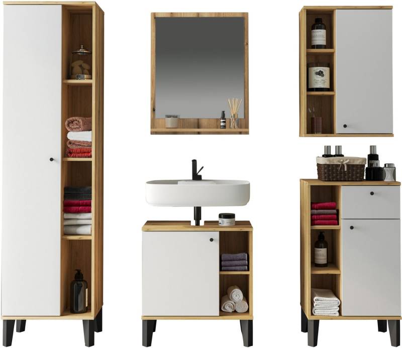 INOSIGN Badmöbel-Set OSLO, Bad im skandinavischen Design, 5-teiliges Badezimmer, (Set, 5-St), Badschränke und Spiegel, in zwei Farben verfügbar, viel Stauraum von INOSIGN