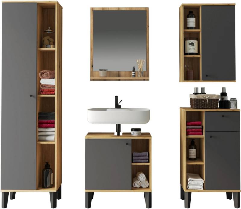 INOSIGN Badmöbel-Set OSLO, Bad im skandinavischen Design, 5-teiliges Badezimmer, (Set, 5-St), Badschränke und Spiegel, in zwei Farben verfügbar, viel Stauraum von INOSIGN