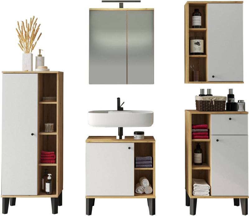 INOSIGN Badmöbel-Set OSLO, Bad im skandinavischen Design, 5-teiliges Badezimmer, (Set, 5-St), Badschränke und Spiegel, in zwei Farben verfügbar, viel Stauraum von INOSIGN