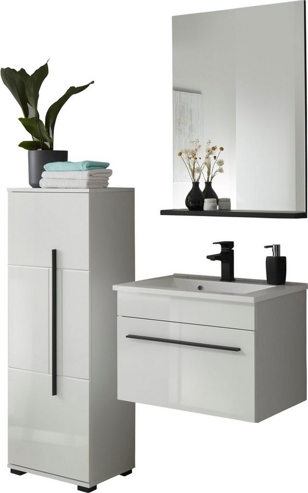 INOSIGN Badmöbel-Set Cantara, Bad im modernen Design, 3-teiliges Badezimmer, (Set, 3-St), Waschtisch, Schrank und Spiegel, in Weiß Hochglanz, viel Stauraum von INOSIGN
