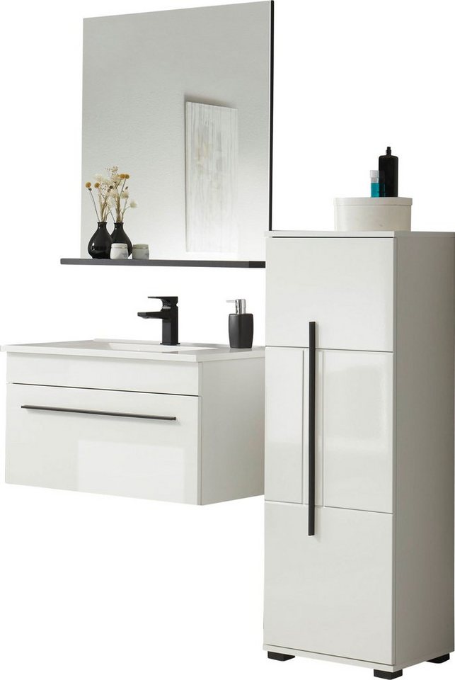 INOSIGN Badmöbel-Set Cantara, Bad im modernen Design, 3-teiliges Badezimmer, (Set, 3-St), Waschtisch, Schrank und Spiegel, in Weiß Hochglanz, viel Stauraum von INOSIGN