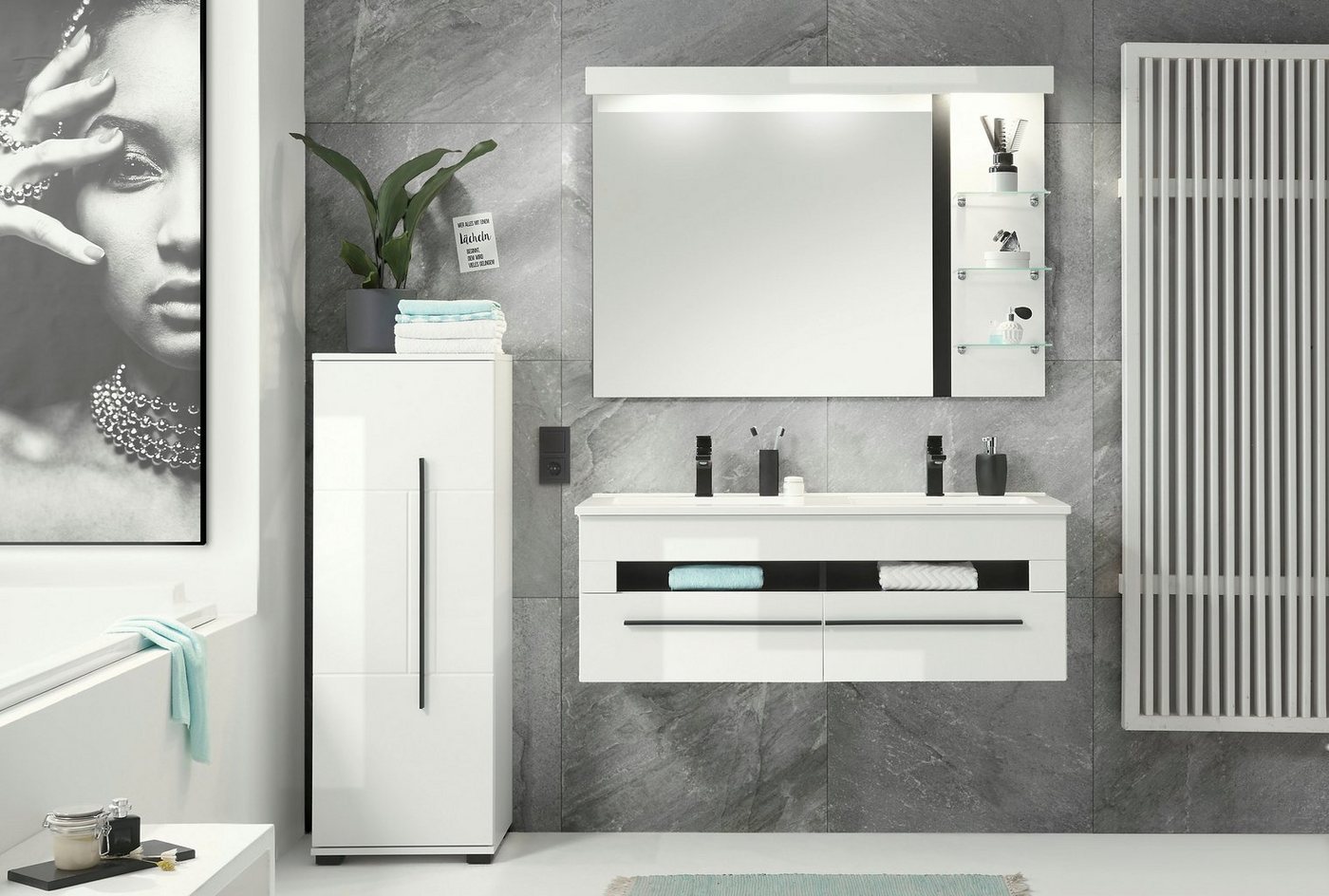 INOSIGN Badmöbel-Set Cantara, Bad im modernen Design, 3-teiliges Badezimmer, (Set, 3-St), Waschtisch, Schrank und Spiegel, in Weiß Hochglanz, viel Stauraum von INOSIGN