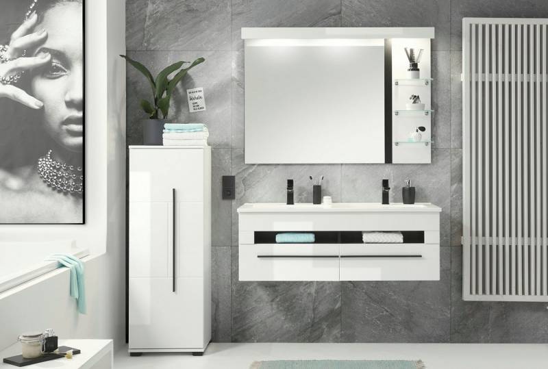 INOSIGN Badmöbel-Set Cantara, Bad im modernen Design, 3-teiliges Badezimmer, (Set, 3-St), Waschtisch, Schrank und Spiegel, in Weiß Hochglanz, viel Stauraum von INOSIGN