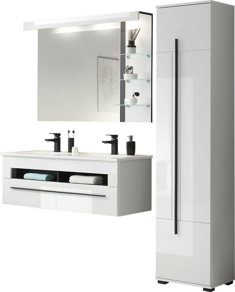 INOSIGN Badmöbel-Set Cantara, Bad im modernen Design, 3-teiliges Badezimmer, (Set, 3-St), Waschtisch, Schrank und Spiegel, in Weiß Hochglanz, viel Stauraum von INOSIGN