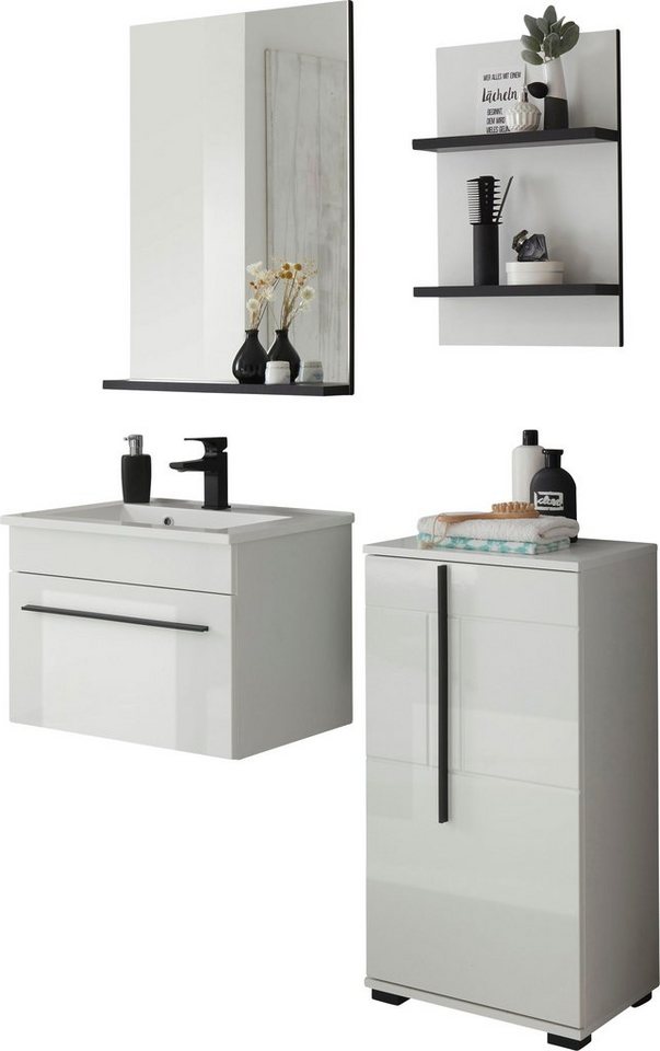INOSIGN Badmöbel-Set Cantara, Bad im modernen Design, 4-teiliges Badezimmer, (Set, 4-St), Waschtisch, Schrank, Hängeregal und Spiegel, in Weiß Hochglanz von INOSIGN
