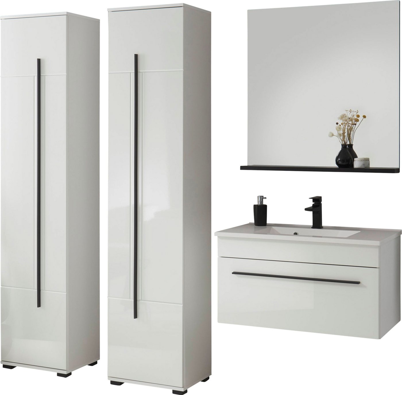 INOSIGN Badmöbel-Set Cantara, Bad im modernen Design, 4-teiliges Badezimmer, (Set, 4-St), Waschtisch, Schränke und Spiegel, in Weiß Hochglanz, viel Stauraum von INOSIGN