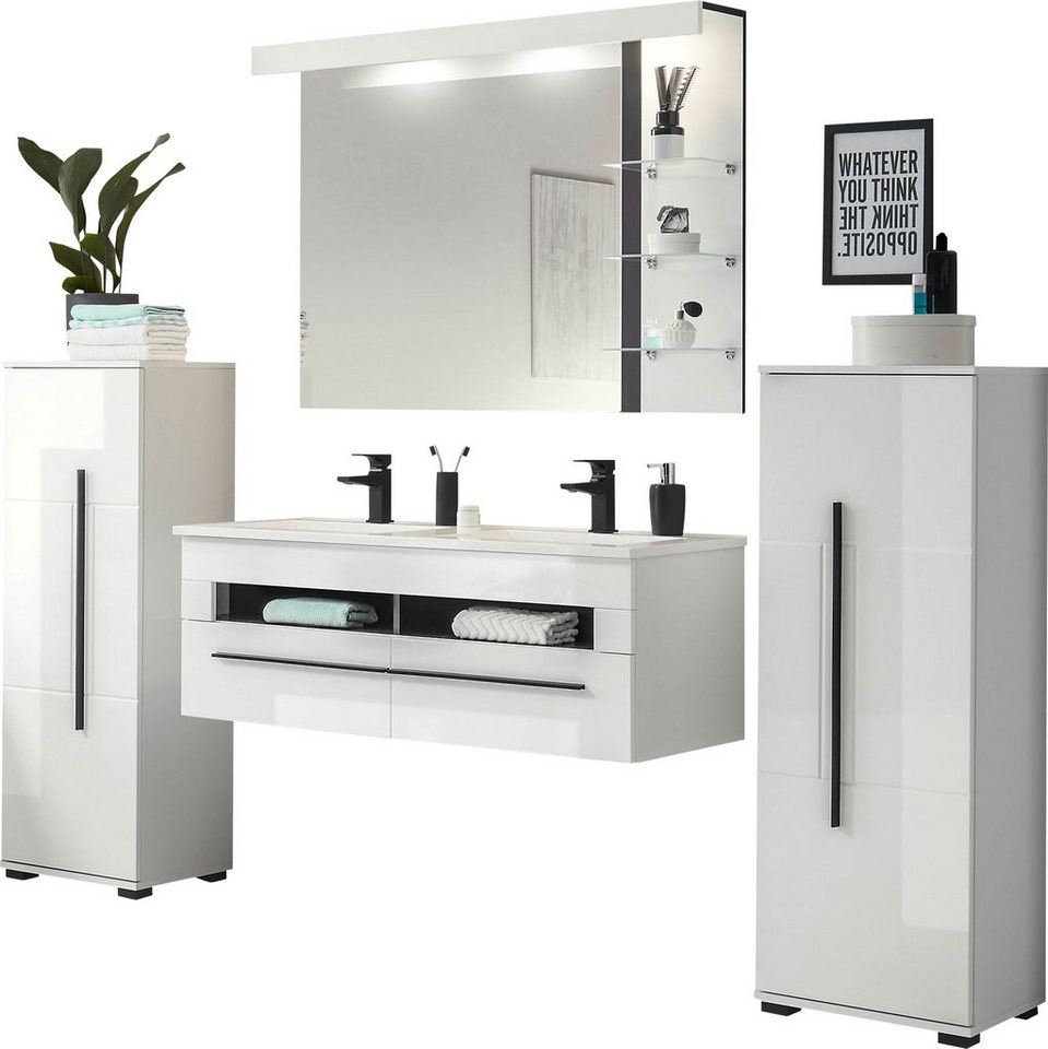 INOSIGN Badmöbel-Set Cantara, Bad im modernen Design, 4-teiliges Badezimmer, (Set, 4-St), Waschtisch, Schränke und Spiegel, in Weiß Hochglanz, viel Stauraum von INOSIGN