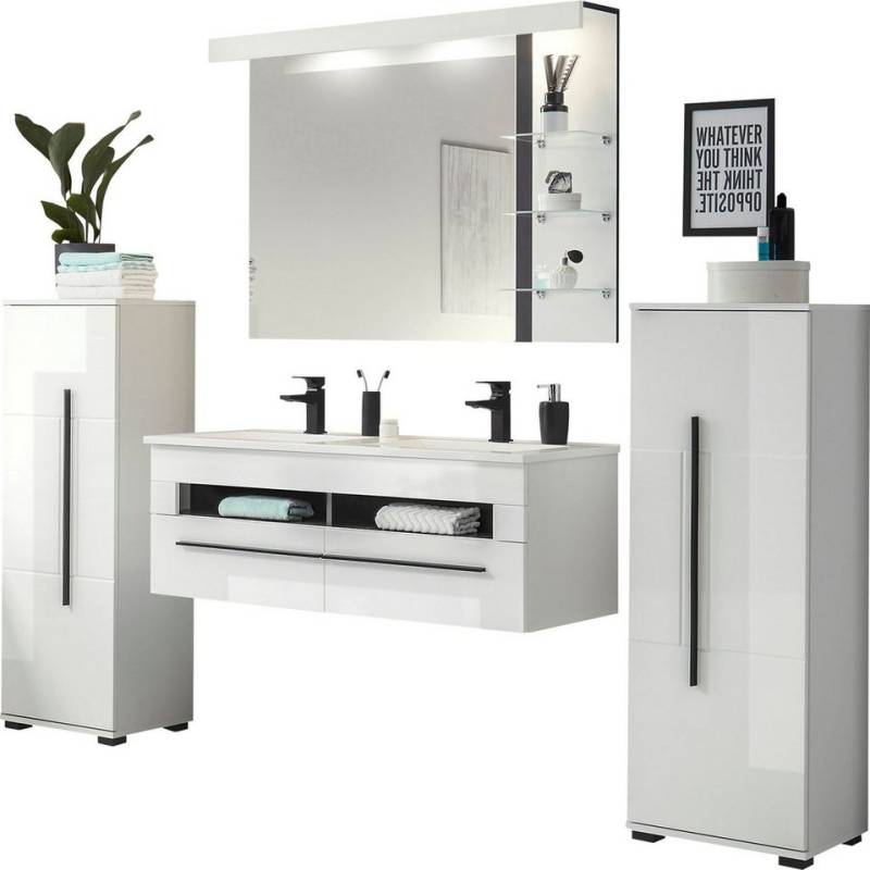 INOSIGN Badmöbel-Set Cantara, Bad im modernen Design, 4-teiliges Badezimmer, (Set, 4-St), Waschtisch, Schränke und Spiegel, in Weiß Hochglanz, viel Stauraum von INOSIGN
