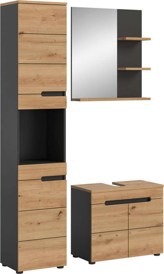 INOSIGN Badmöbel-Set REHAT, 3-teilig, Breite 116 cm, mit grifflosen Fronten, bestehend aus:, (3-St), 1x Hochschrank, 1x Waschbeckenunterschrank & 1x Badspiegel von INOSIGN