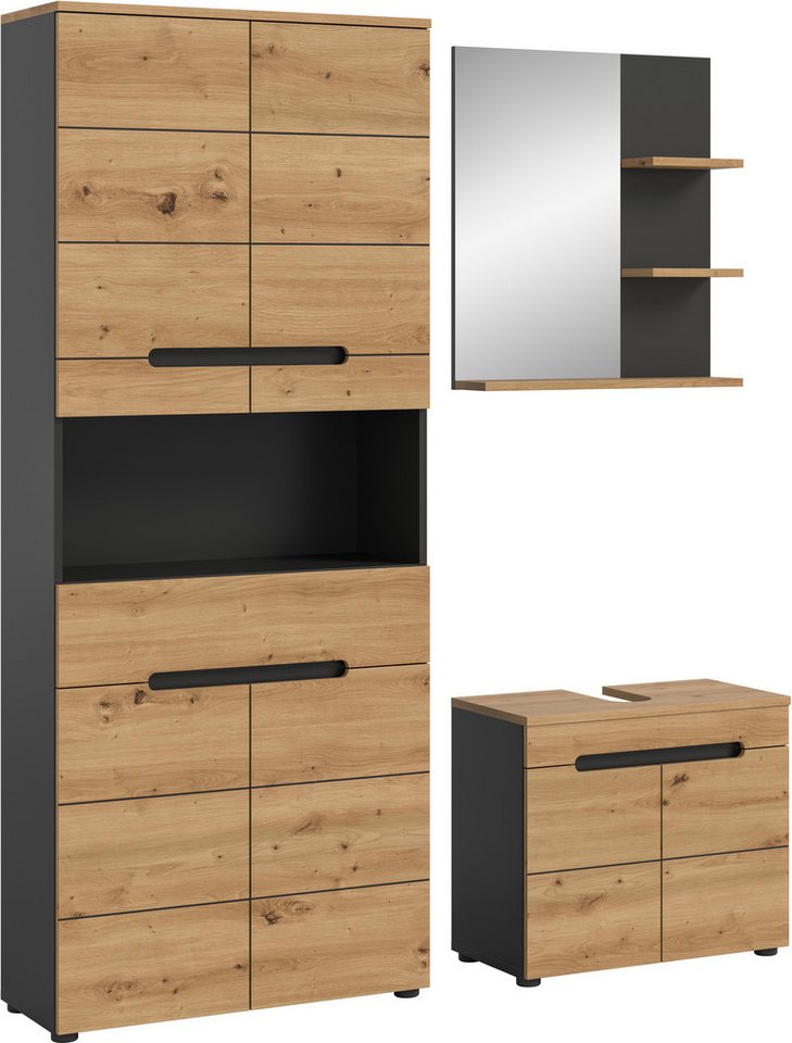 INOSIGN Badmöbel-Set REHAT, 3-teilig, Breite 154 cm, mit grifflosen Fronten, bestehend aus:, (3-St), 1x Hochschrank, 1x Waschbeckenunterschrank & 1x Badspiegel von INOSIGN
