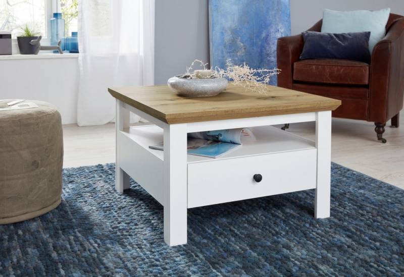 INOSIGN Couchtisch Ulm, Wohnzimmertisch in Weiß/Eiche mit abgeschrägtem Oberboden - 70/70 cm von INOSIGN