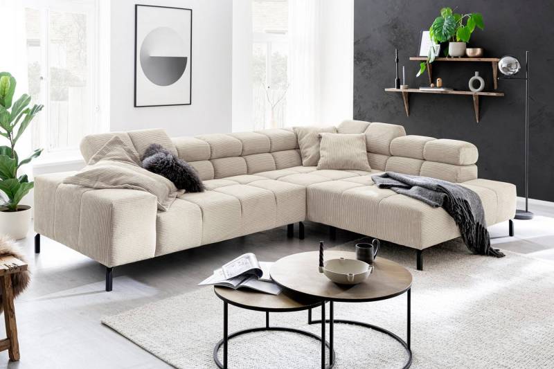 INOSIGN Ecksofa Ancona New, wahlweise motorische Sitztiefenverstellung, auch in Cord, feine Steppung, mit Kopfteilverstellung, 3 Zierkissen, L-Form von INOSIGN