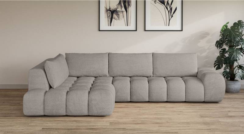 INOSIGN Ecksofa AZITA Designsofa, elegant und bequem L-Form, Bubble-Optik, lose Rückenkissen, traumhafte Steppung, Maße B/T/H: 352/210/72 cm von INOSIGN