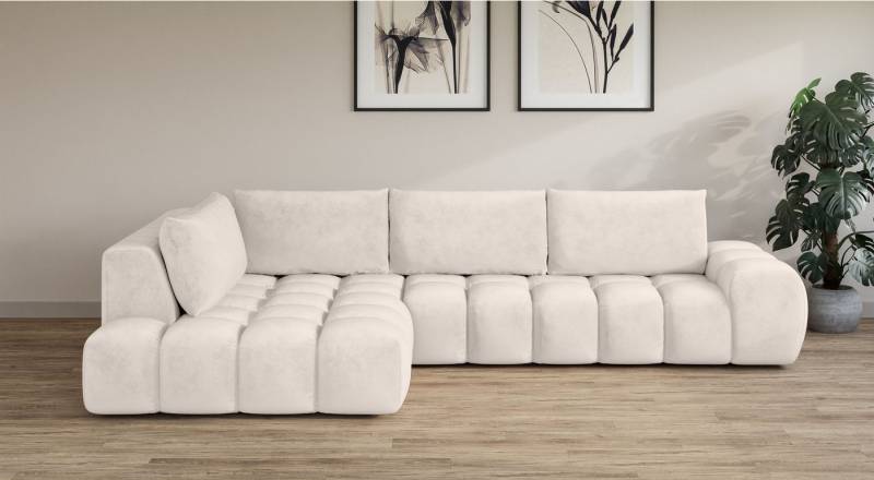 INOSIGN Ecksofa AZITA Designsofa, elegant und bequem L-Form, Bubble-Optik, lose Rückenkissen, traumhafte Steppung, Maße B/T/H: 352/210/72 cm von INOSIGN