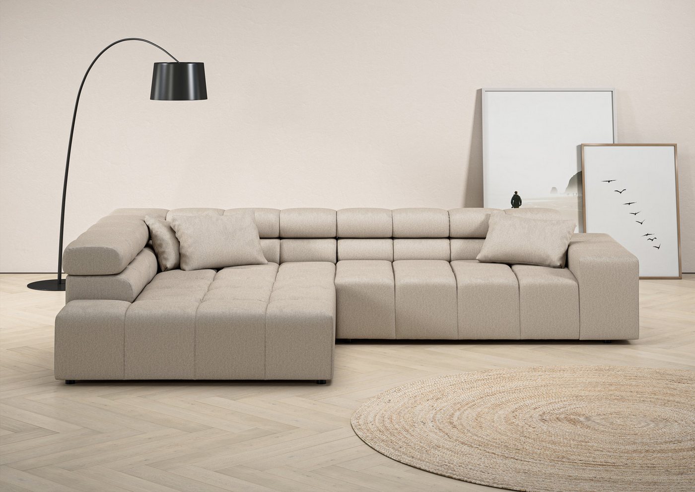 INOSIGN Ecksofa Ancona incl. Kopfteilverstellung, Zierkissen Breite 319cm, L-Form, wahlweise motorische Sitztiefenverstellung, auch in Cord + Easy Care von INOSIGN