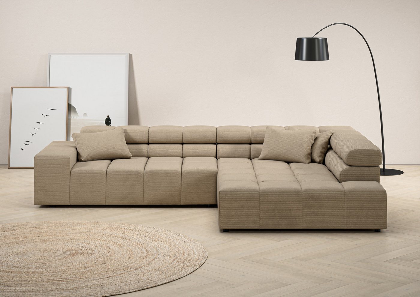 INOSIGN Ecksofa Ancona incl. Kopfteilverstellung, Zierkissen Breite 319cm, L-Form, wahlweise motorische Sitztiefenverstellung, auch in Cord + Easy Care von INOSIGN