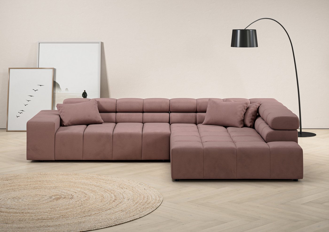 INOSIGN Ecksofa Ancona incl. Kopfteilverstellung, Zierkissen Breite 319cm, L-Form, wahlweise motorische Sitztiefenverstellung, auch in Cord + Easy Care von INOSIGN