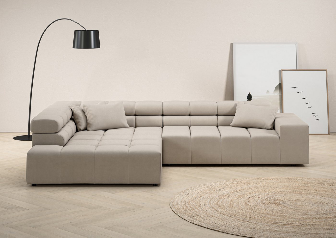 INOSIGN Ecksofa Ancona incl. Kopfteilverstellung, Zierkissen Breite 319cm, L-Form, wahlweise motorische Sitztiefenverstellung, auch in Cord + Easy Care von INOSIGN