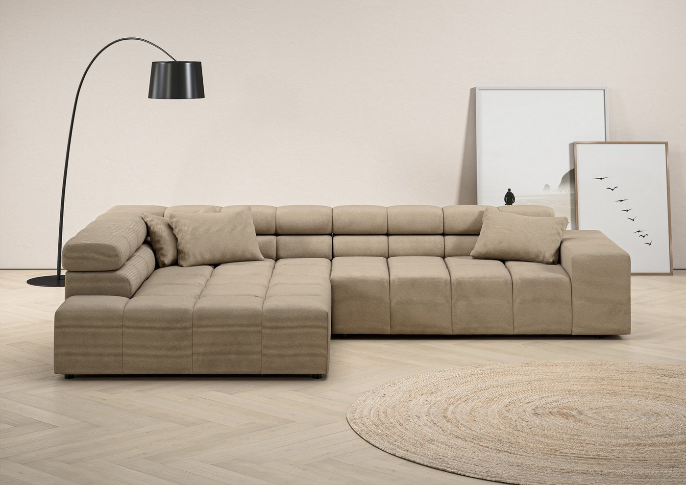 INOSIGN Ecksofa Ancona incl. Kopfteilverstellung, Zierkissen Breite 319cm, L-Form, wahlweise motorische Sitztiefenverstellung, auch in Cord + Easy Care von INOSIGN