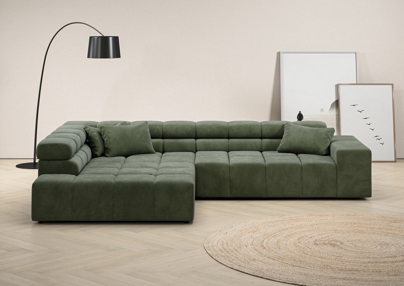 INOSIGN Ecksofa Ancona incl. Kopfteilverstellung, Zierkissen Breite 319cm, L-Form, wahlweise motorische Sitztiefenverstellung, auch in Cord + Easy Care von INOSIGN