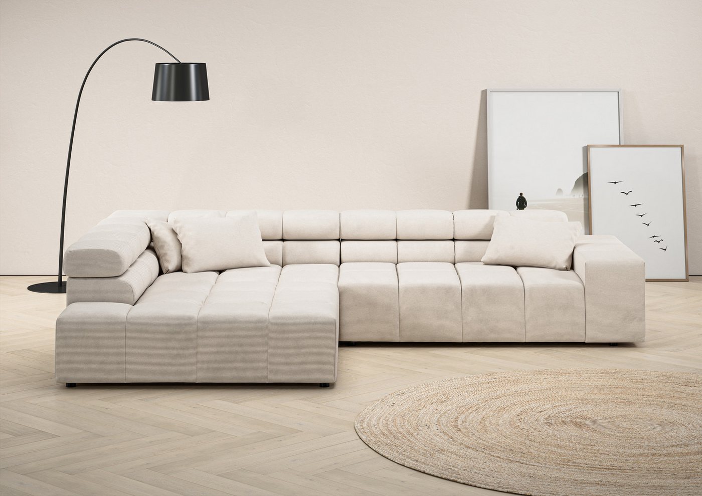 INOSIGN Ecksofa Ancona incl. Kopfteilverstellung, Zierkissen Breite 319cm, L-Form, wahlweise motorische Sitztiefenverstellung, auch in Cord + Easy Care von INOSIGN