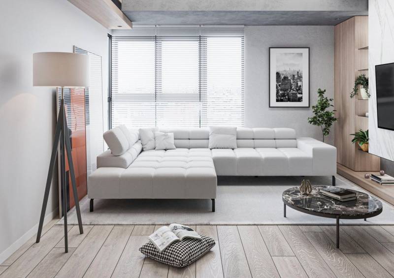 INOSIGN Ecksofa Ancona New, wahlweise motorische Sitztiefenverstellung, auch in Cord, feine Steppung, mit Kopfteilverstellung, 3 Zierkissen, L-Form von INOSIGN