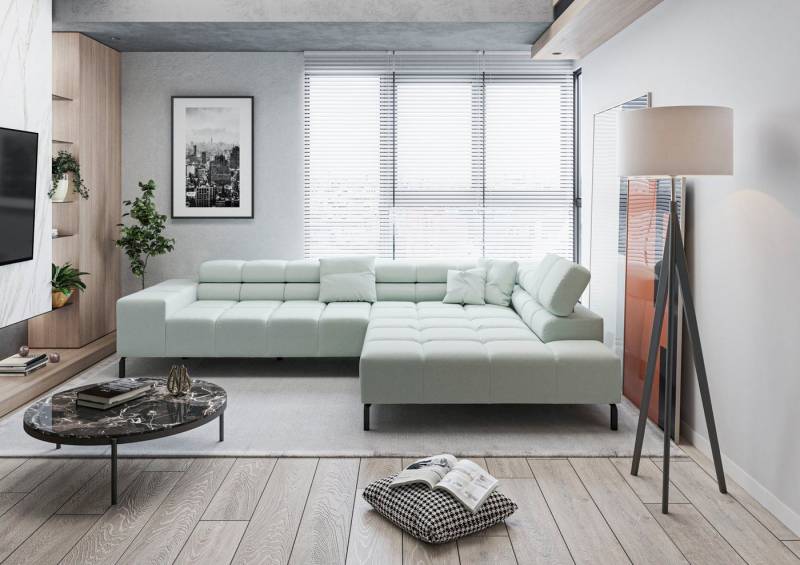 INOSIGN Ecksofa Ancona New, wahlweise motorische Sitztiefenverstellung, auch in Cord, feine Steppung, mit Kopfteilverstellung, 3 Zierkissen, L-Form von INOSIGN