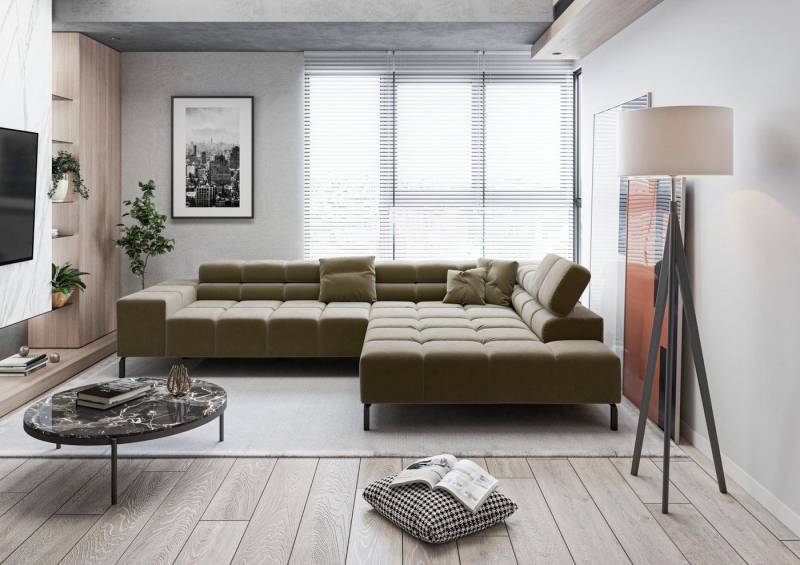 INOSIGN Ecksofa Ancona New, wahlweise motorische Sitztiefenverstellung, auch in Cord, feine Steppung, mit Kopfteilverstellung, 3 Zierkissen, L-Form von INOSIGN