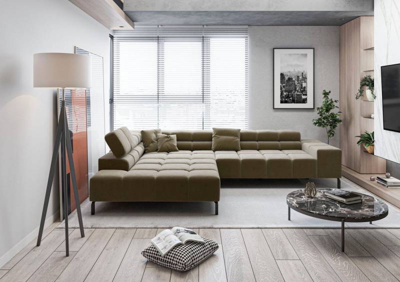 INOSIGN Ecksofa Ancona New, wahlweise motorische Sitztiefenverstellung, auch in Cord, feine Steppung, mit Kopfteilverstellung, 3 Zierkissen, L-Form von INOSIGN