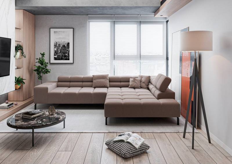 INOSIGN Ecksofa Ancona New, wahlweise motorische Sitztiefenverstellung, auch in Cord, feine Steppung, mit Kopfteilverstellung, 3 Zierkissen, L-Form von INOSIGN