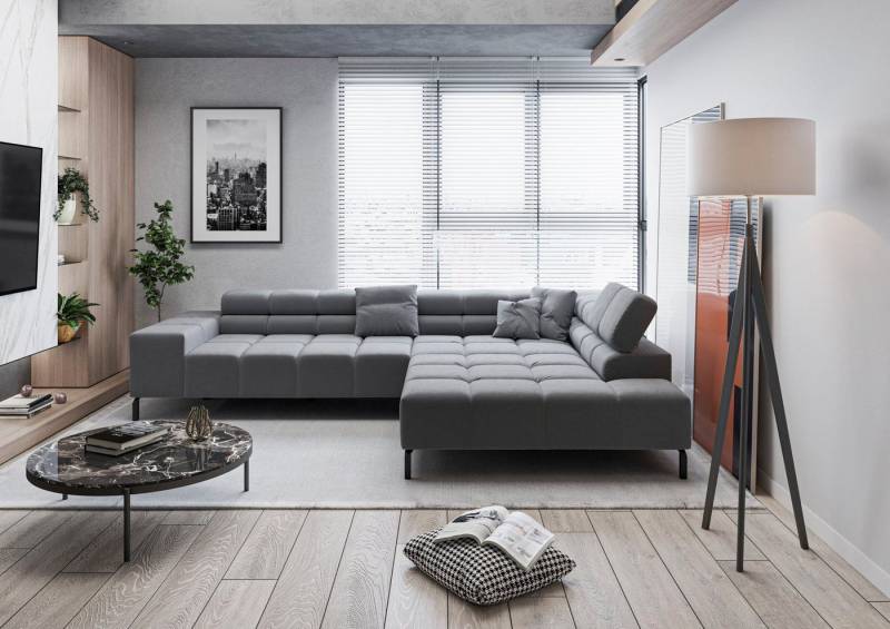 INOSIGN Ecksofa Ancona New, wahlweise motorische Sitztiefenverstellung, auch in Cord, feine Steppung, mit Kopfteilverstellung, 3 Zierkissen, L-Form von INOSIGN