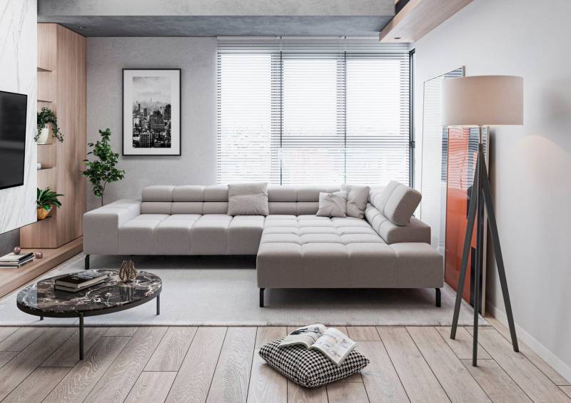 INOSIGN Ecksofa Ancona New, wahlweise motorische Sitztiefenverstellung, auch in Cord, feine Steppung, mit Kopfteilverstellung, 3 Zierkissen, L-Form von INOSIGN