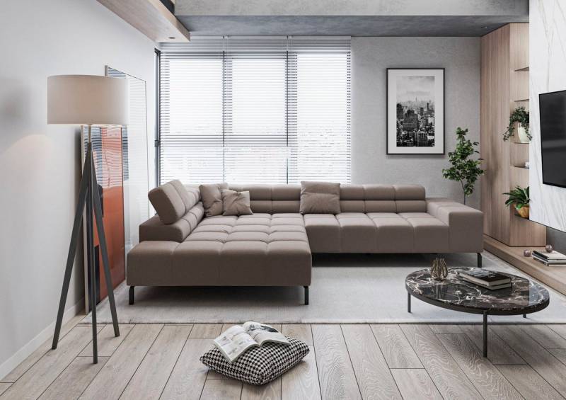 INOSIGN Ecksofa Ancona New, wahlweise motorische Sitztiefenverstellung, auch in Cord, feine Steppung, mit Kopfteilverstellung, 3 Zierkissen, L-Form von INOSIGN