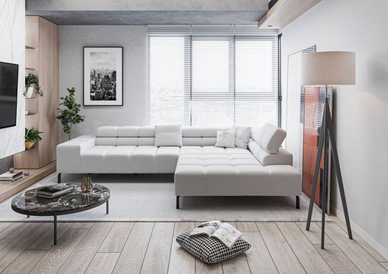 INOSIGN Ecksofa Ancona New, wahlweise motorische Sitztiefenverstellung, auch in Cord, feine Steppung, mit Kopfteilverstellung, 3 Zierkissen, L-Form von INOSIGN
