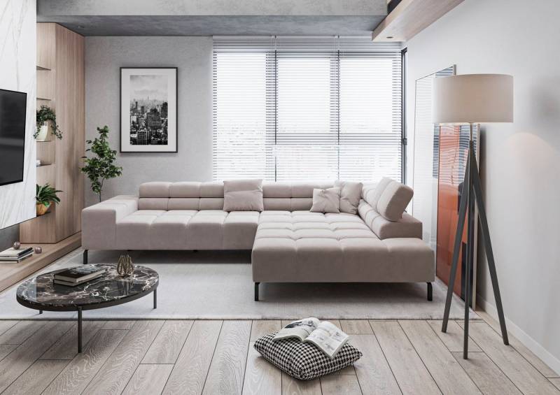 INOSIGN Ecksofa Ancona New, wahlweise motorische Sitztiefenverstellung, auch in Cord, feine Steppung, mit Kopfteilverstellung, 3 Zierkissen, L-Form von INOSIGN